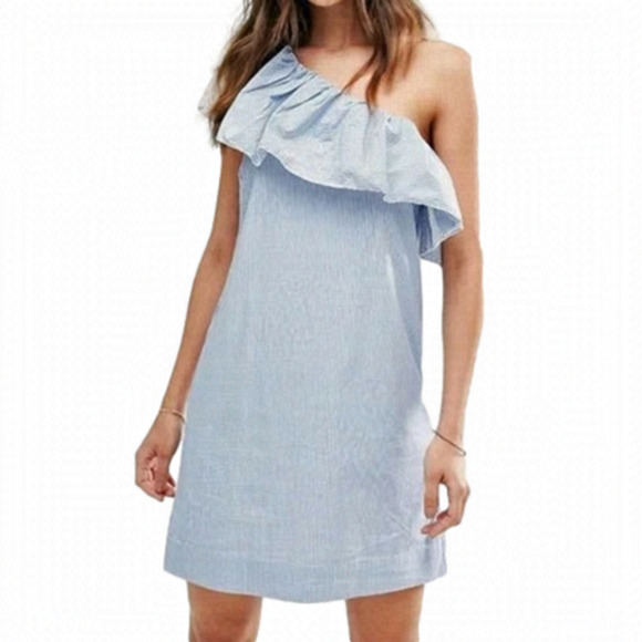 𝅺abercrombie & Fitch A&F Dress One shoulder Pin Stripe Flutter Ruffled Shift - Picture 3 of 11